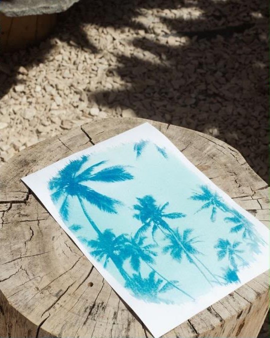 Tirage cyanotype bleu de palmiers posé sur un tronc